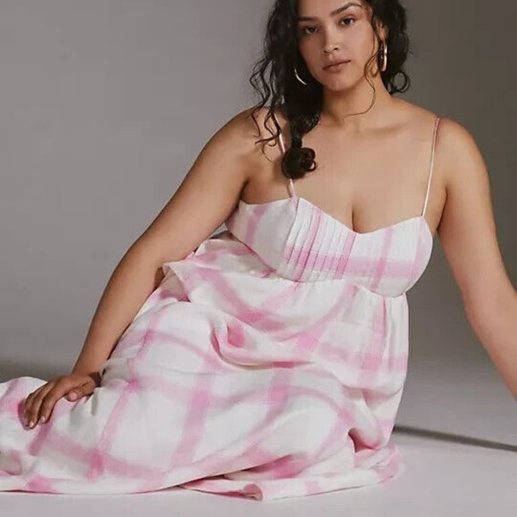 Anthropologie Maeve 1X NWT Pink Plaid Linen Tie-Back Maxi Dress Bohemian 180$ - Picture 3 of 13